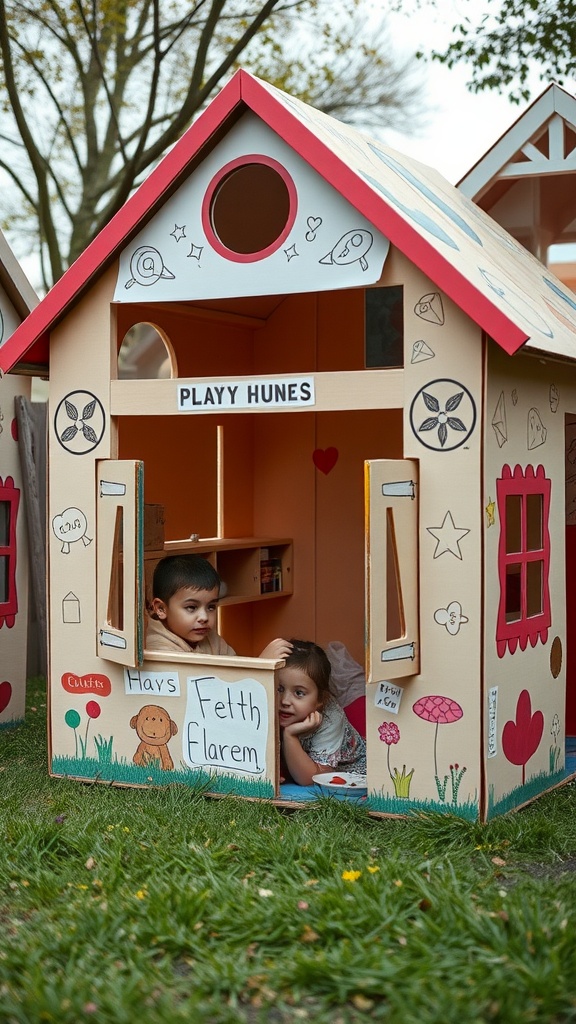 Colorful cardboard playhouse with two children inside