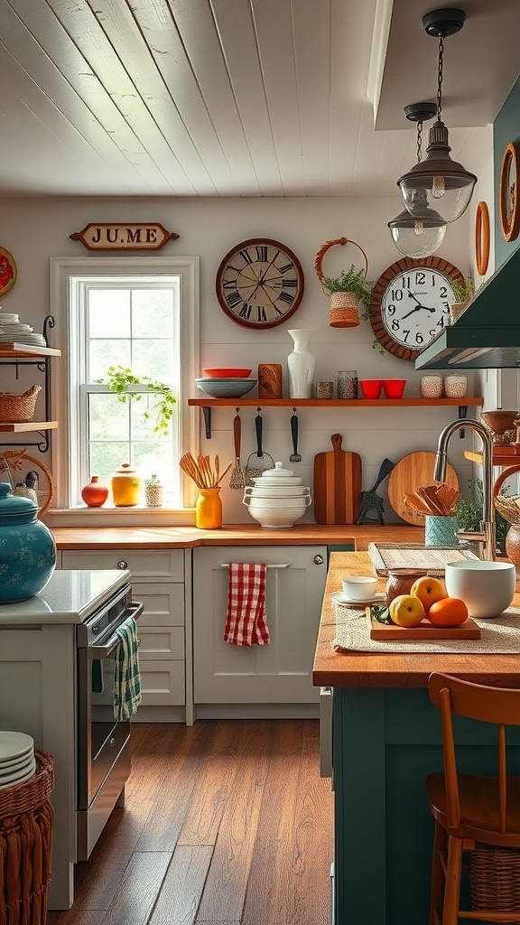 A cozy farmhouse kitchen with colorful accessories including a blue pot, red dishes, and wooden boards.