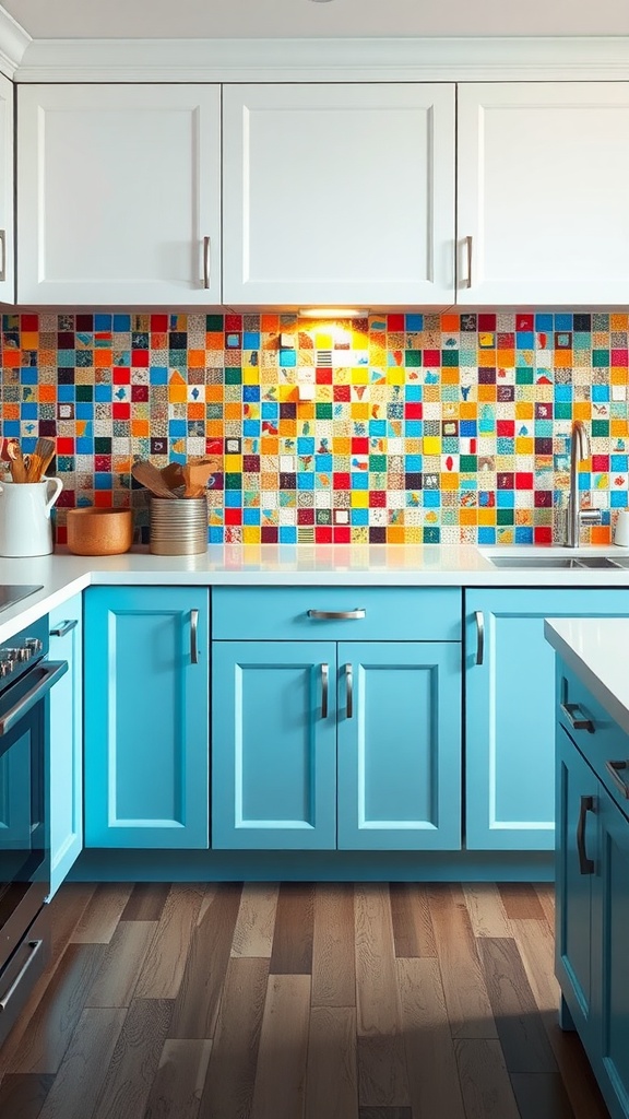 A bright kitchen featuring a colorful mosaic backsplash with vibrant tiles in various shades