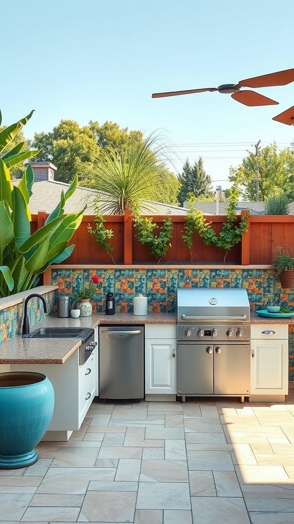 Vibrant outdoor kitchen with colorful tile accents and lush plants.