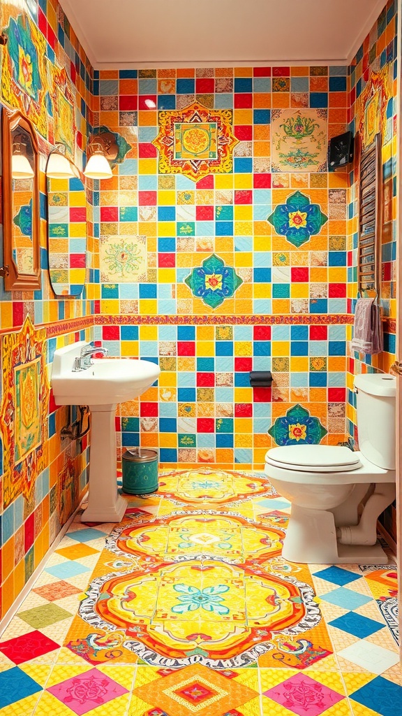 A vibrant bathroom with colorful tiled walls and floor featuring intricate patterns.