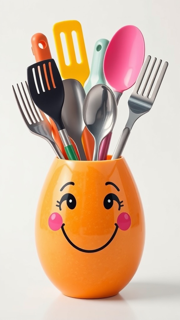 A cheerful orange utensil holder with a smiley face filled with colorful kitchen utensils.
