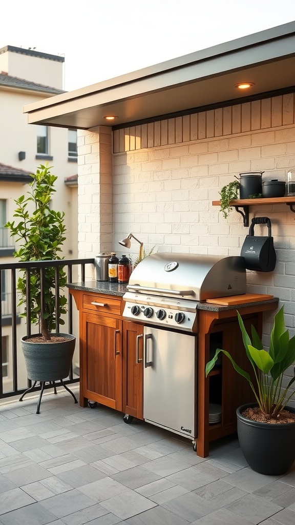 A compact outdoor kitchen on a balcony with a grill, wooden cabinets, and potted plants.