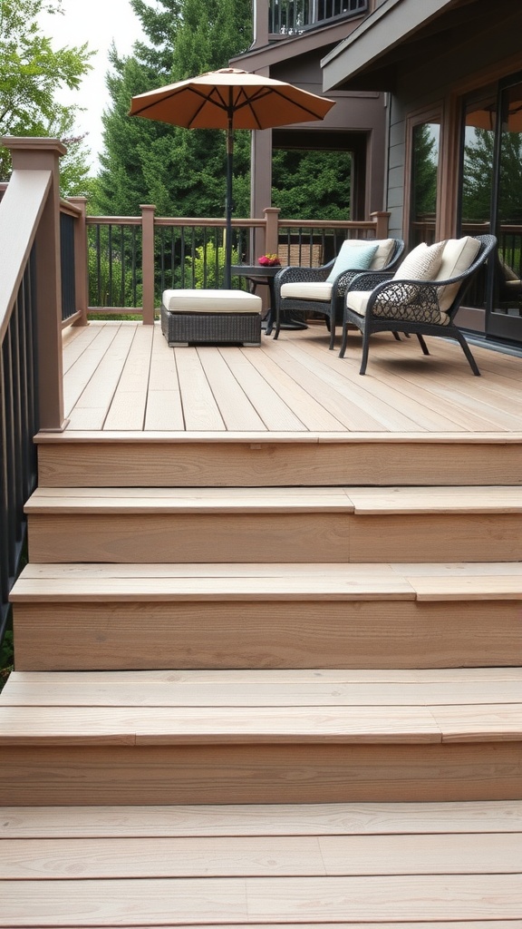 Composite deck steps leading to a porch with chairs and an umbrella