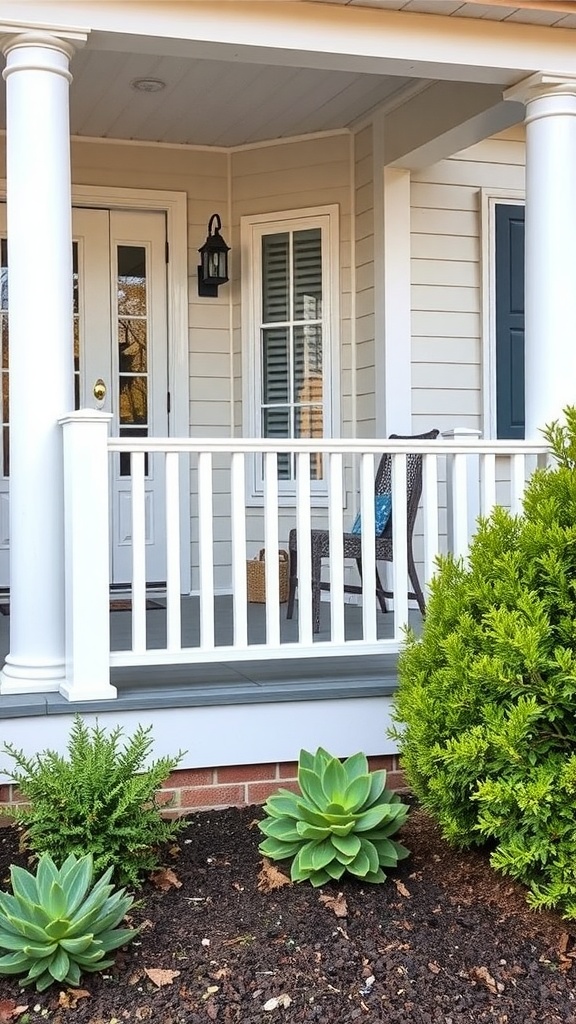 A front porch with composite railings, potted plants, and a welcoming entrance.