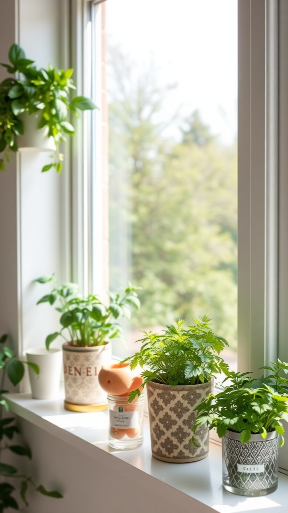 A window sill with potted herbs, including basil and parsley, showcasing a small kitchen garden.
