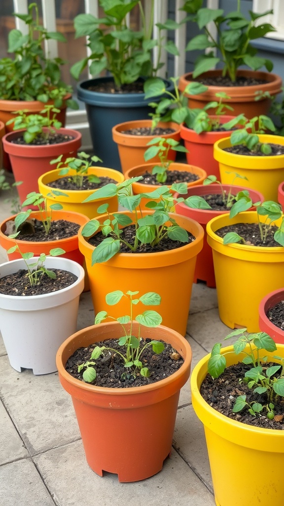 Colorful pots with young plants in a container garden