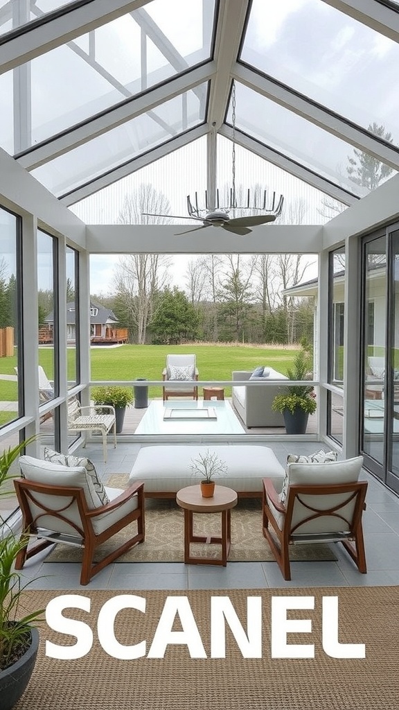 Bright contemporary glass enclosure with stylish seating and a view of nature