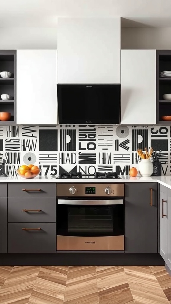 Contemporary kitchen with bold graphic print backsplash