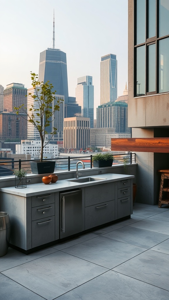 Modern outdoor kitchen setup with city skyline in the background