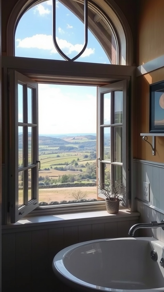 A bathroom with a large open window showcasing a countryside view with rolling hills and a blue sky.