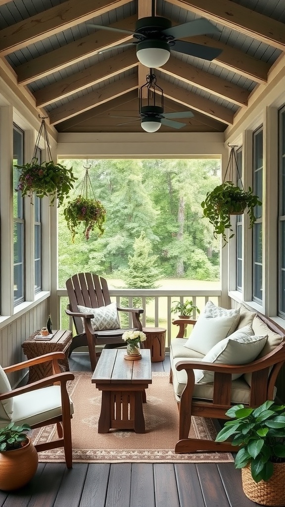Cozy screened porch with wooden furniture, plants, and a view of nature.