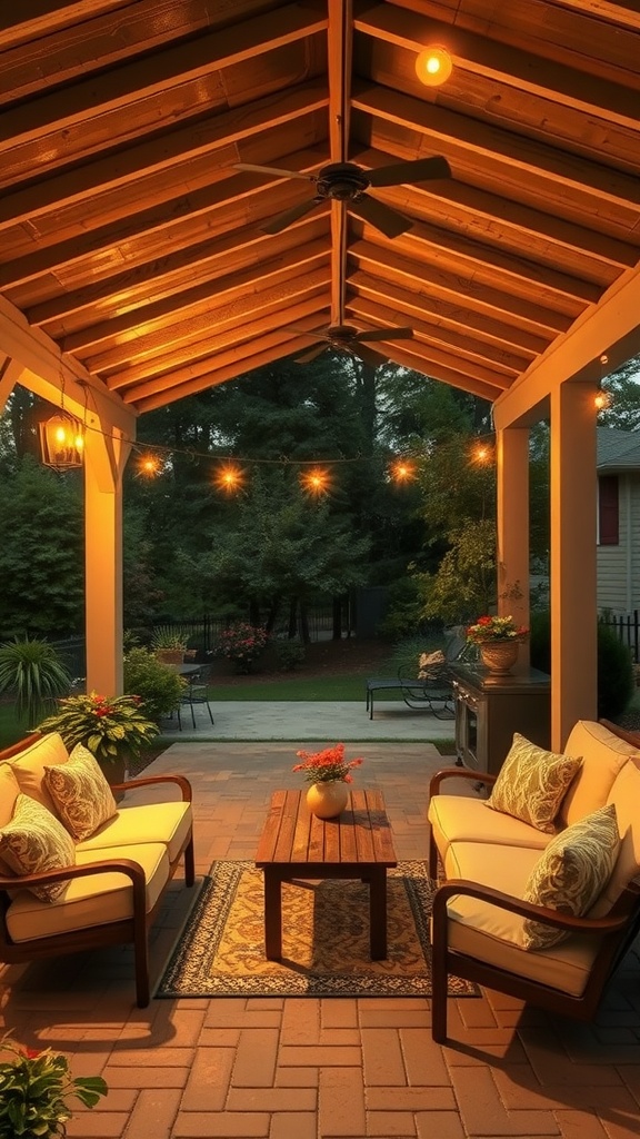 Cozy covered patio kitchen with comfortable seating and warm lighting