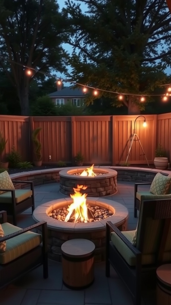 A cozy fire pit area with comfortable seating, surrounded by string lights and natural stone walls.