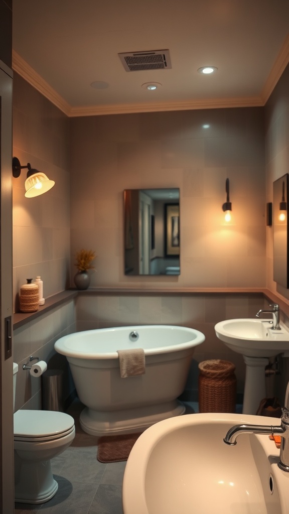 A cozy bathroom with warm lighting fixtures, featuring a tub, sink, and natural decor.