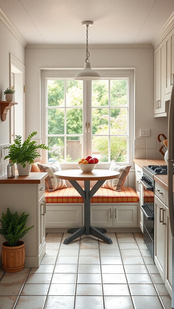A cozy breakfast nook with a round table, colorful cushions, and a bowl of fruit, illuminated by natural light from a large window.