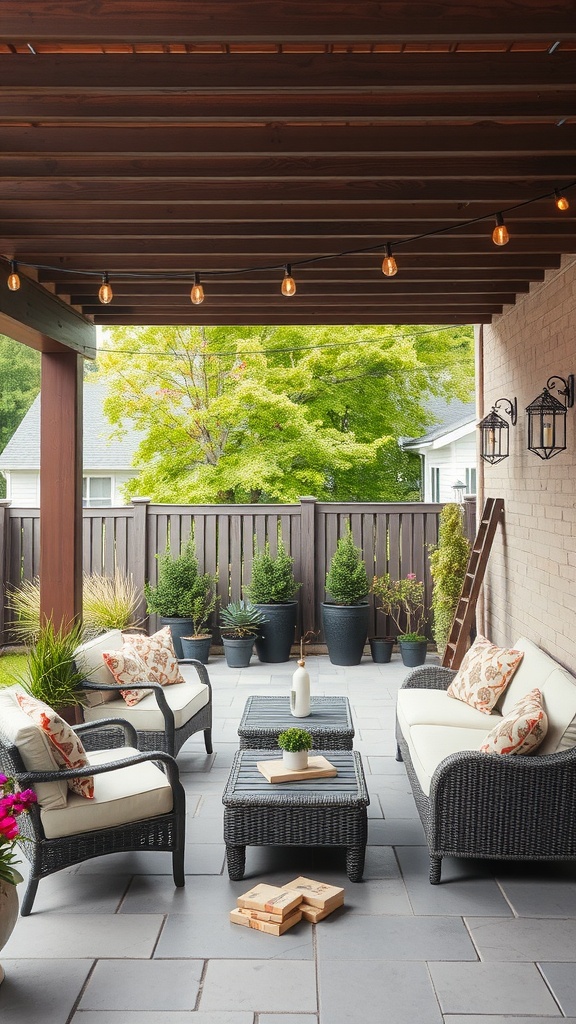 A cozy outdoor seating area with a pergola, featuring comfortable couches, a coffee table, and potted plants.