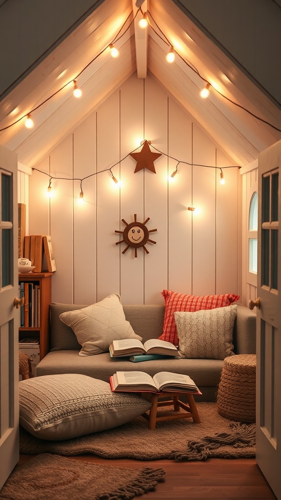 Cozy playhouse interior with a couch, cushions, books, and soft lighting.