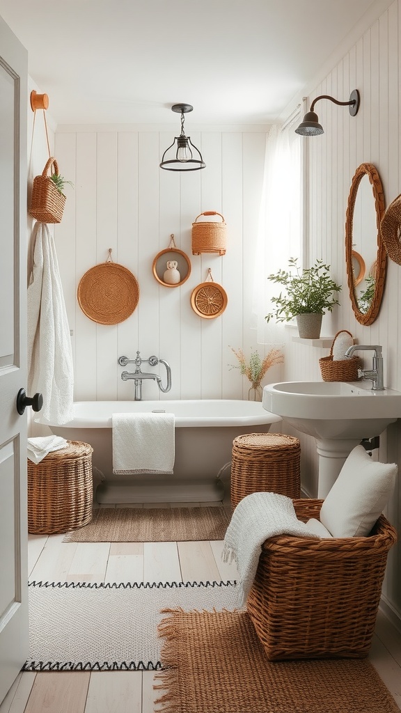 Cozy bathroom with wicker furnishings and soft textiles