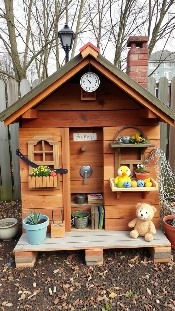 A small wooden playhouse made from upcycled pallets, featuring a clock, flower boxes, and decorative items.