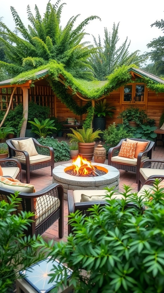 Cozy seating area around a fire pit with plants and wooden structure