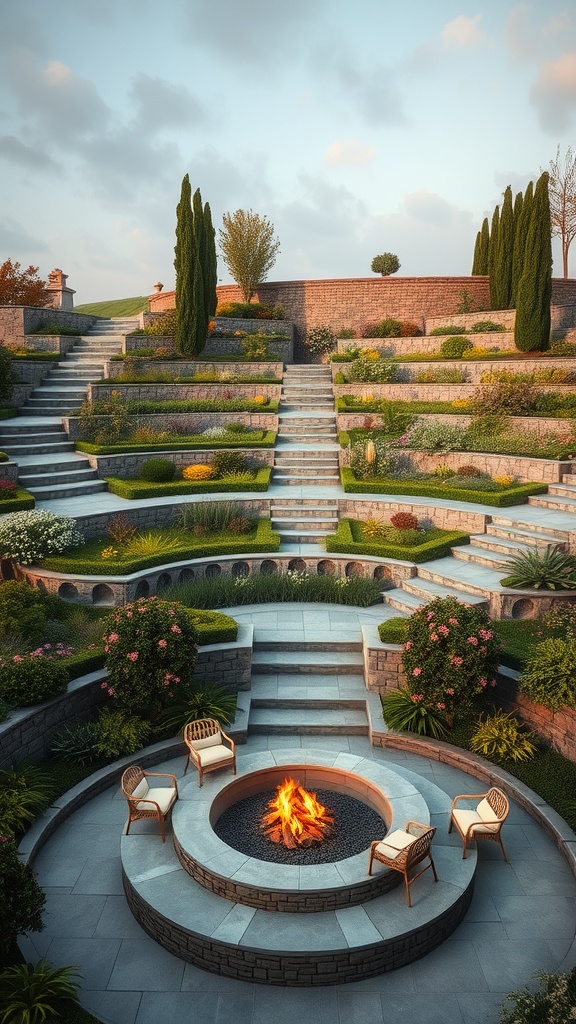 A multi-level fire pit landscape with a circular fire pit surrounded by seating, steps, and greenery.