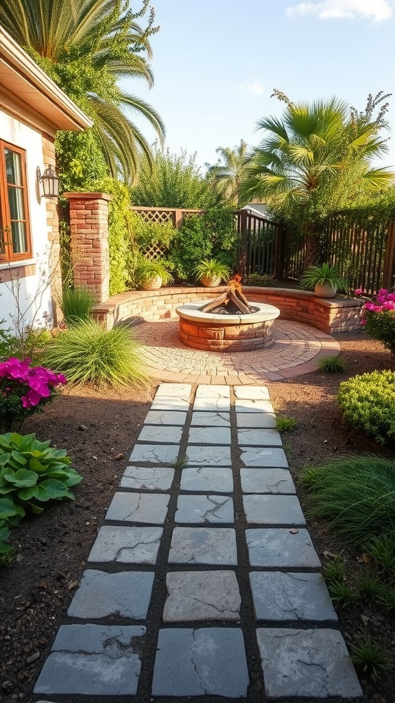 A stone pathway leading to a circular fire pit surrounded by greenery and flowers.