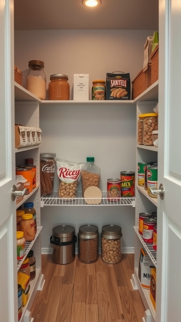 Organized pantry with different zones for various food categories.