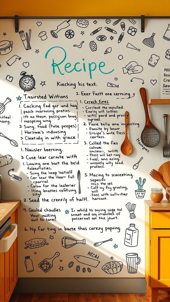 A kitchen wall featuring a hand-drawn recipe with colorful illustrations and notes.
