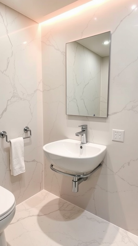 A modern wall-mounted sink in a sleek, minimalist bathroom with marble-like tiles.