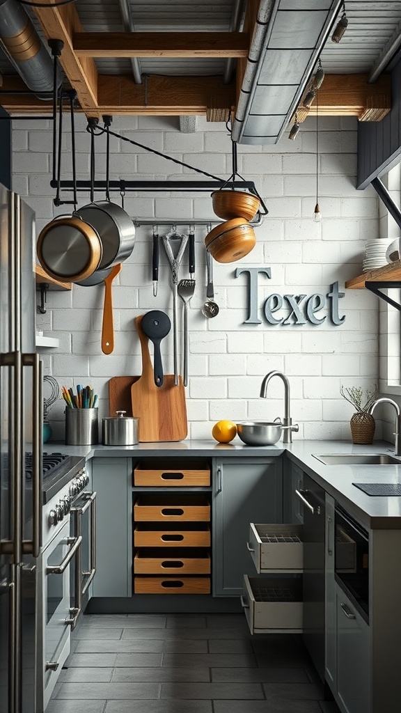 An industrial kitchen featuring hanging pots, utensils, and organized storage drawers.