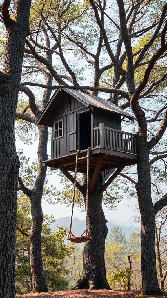 A wooden treehouse with a swing, situated high among trees, creating a playful atmosphere.