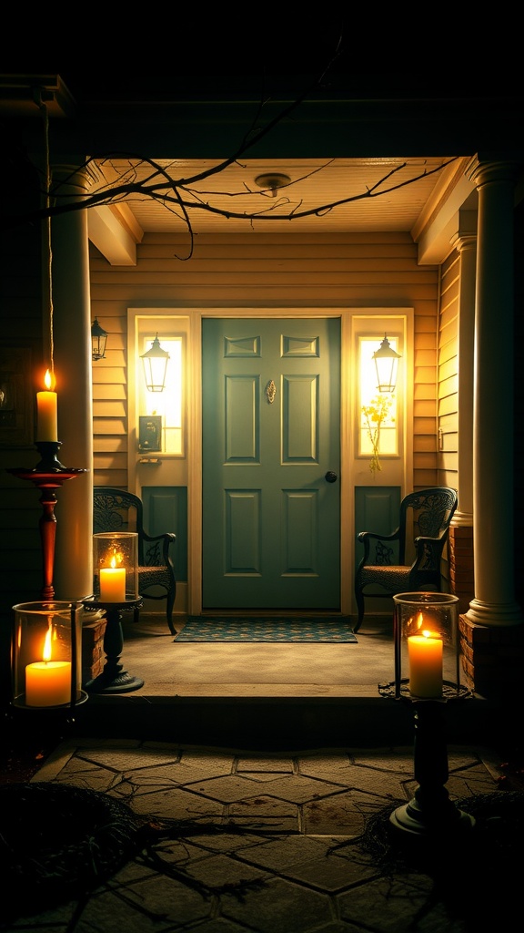 A Halloween-themed front porch with candles and lanterns illuminated at night.