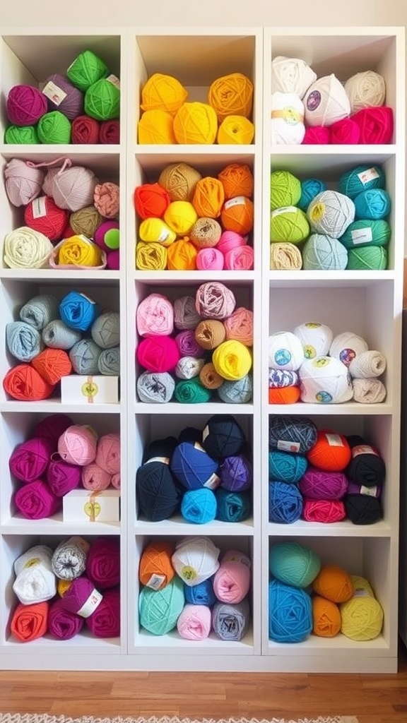 Colorful yarn stored in a custom shelving unit with cubes.