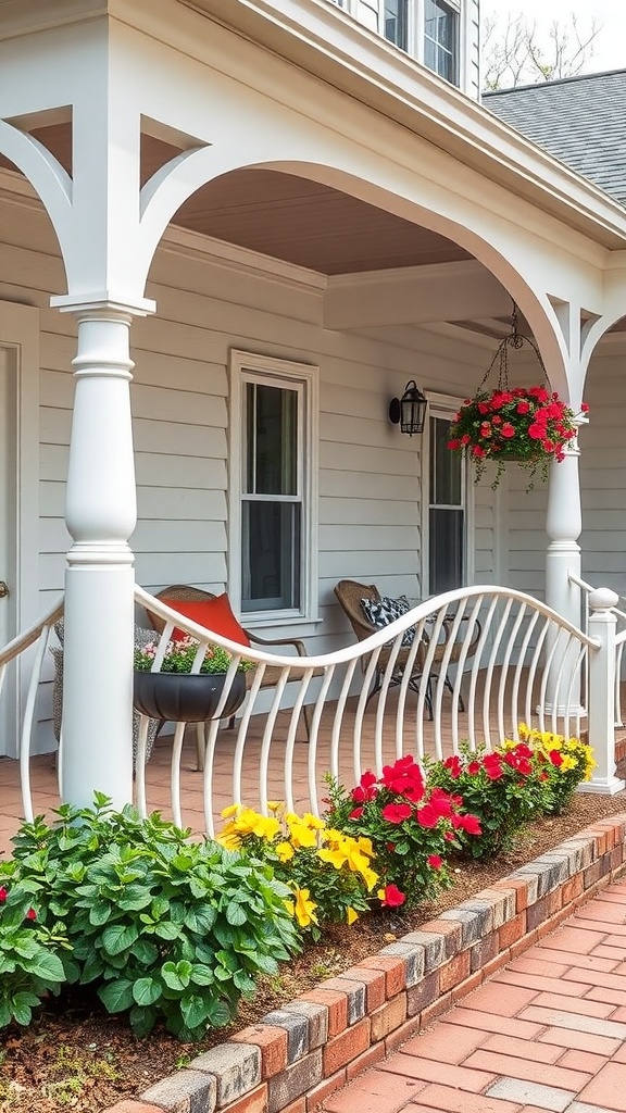 Curved porch railing with colorful flowers