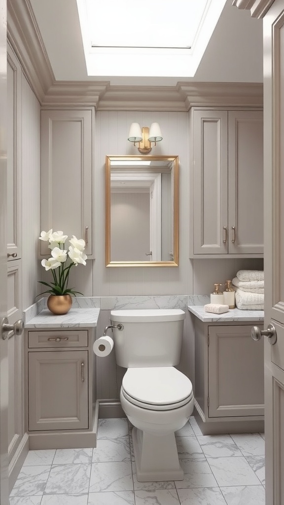A luxurious bathroom featuring custom built-in storage with cabinets and decorative items.