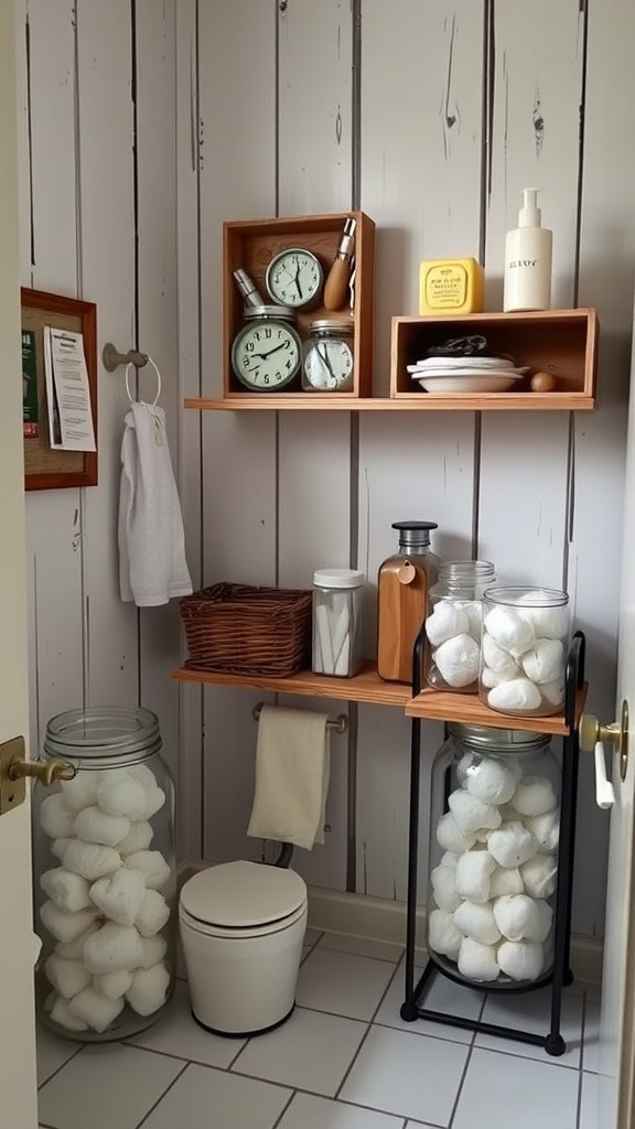 A cozy bathroom with wooden shelves and decorative mason jars filled with cotton balls.