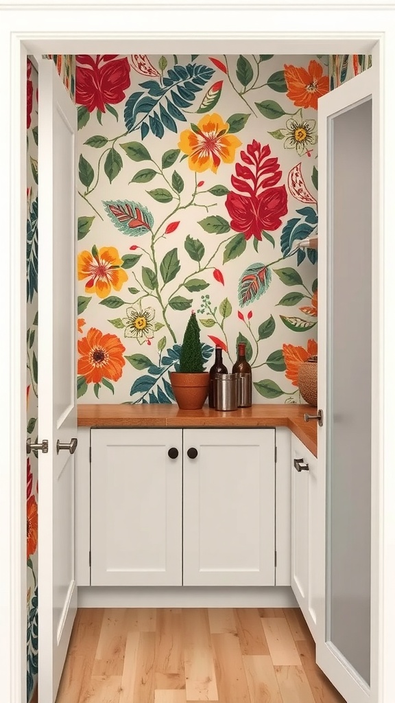 A vibrant flower-patterned wallpaper in a wall pantry with white cabinetry and wooden countertop.