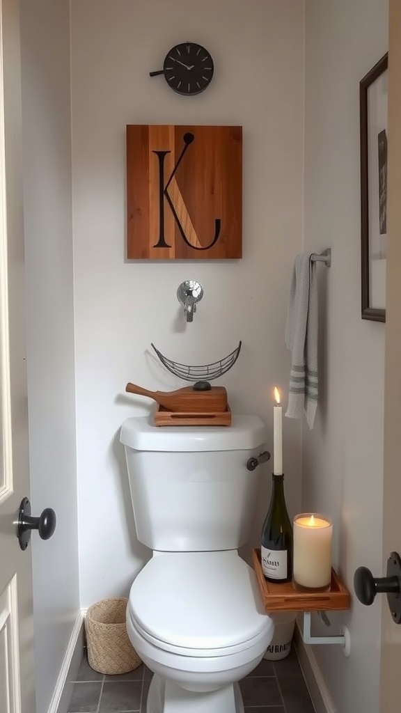 A small rustic bathroom showing a decorative wooden tray on the toilet tank with a candle and bottle.