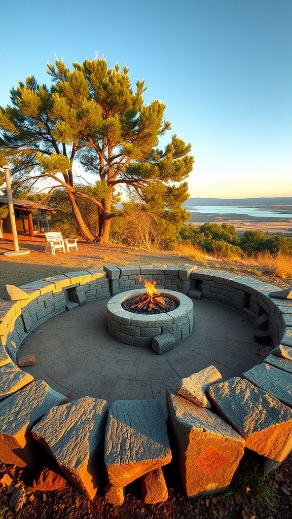 A circular stone fire pit with built-in seating, surrounded by nature and a scenic view.
