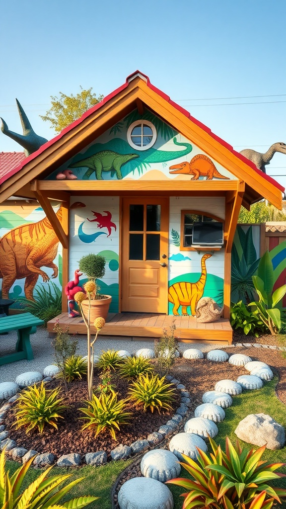 A colorful dinosaur-themed playhouse surrounded by a well-kept garden