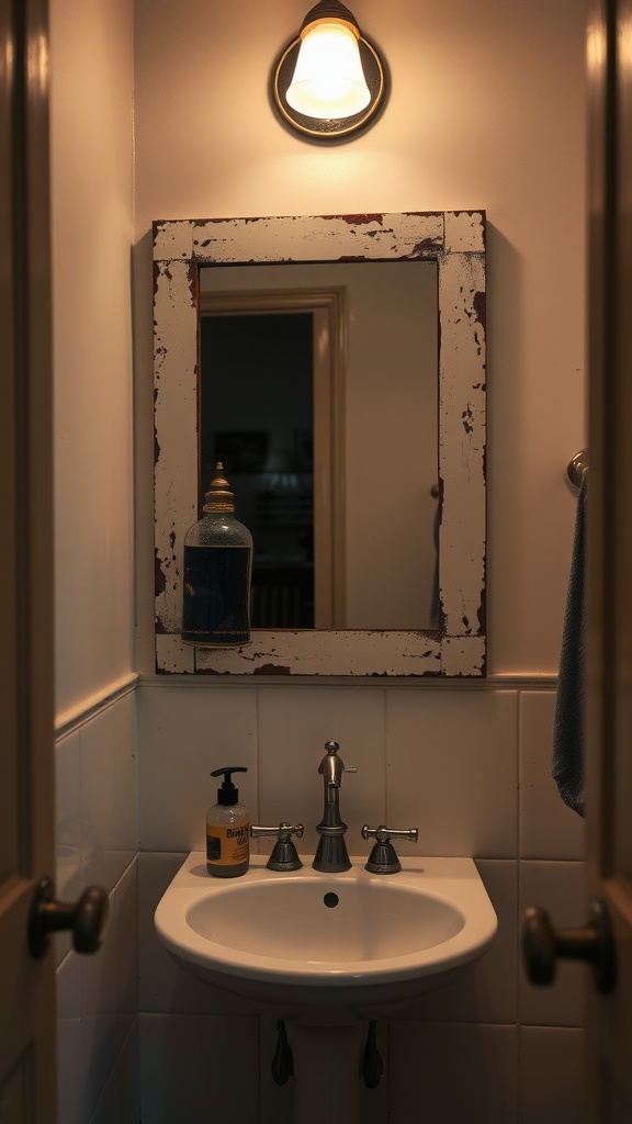 A small bathroom with a distressed mirror above a sink, featuring a warm light fixture.