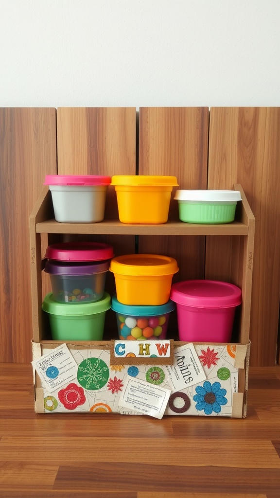 A wooden shelf with colorful Tupperware containers organized neatly
