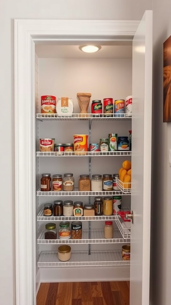 Organized small closet pantry with shelves and potential door-mounted racks for extra storage