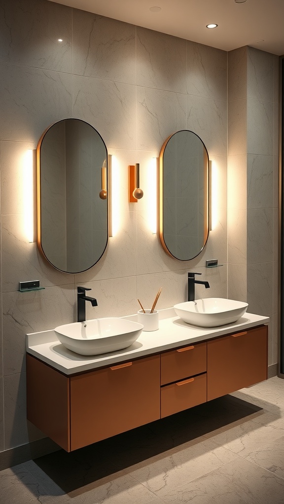 Modern double vanity bathroom with ambient lighting and two sinks.