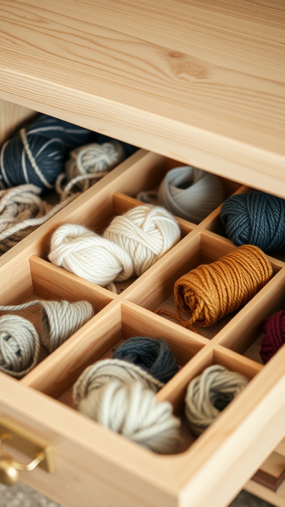 Organized drawer with yarn balls sorted into compartments