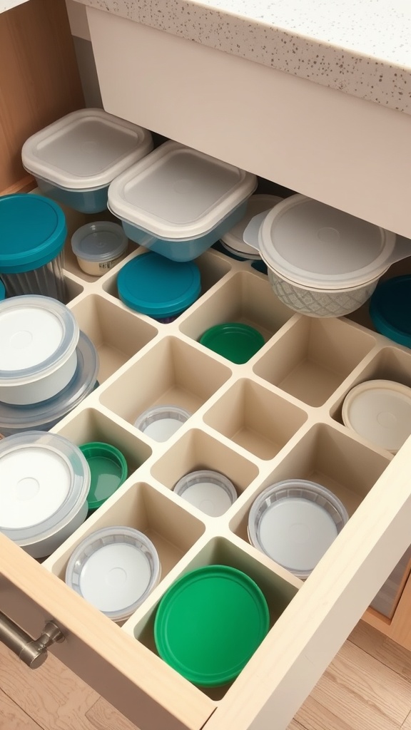 Organized Tupperware drawer with dividers