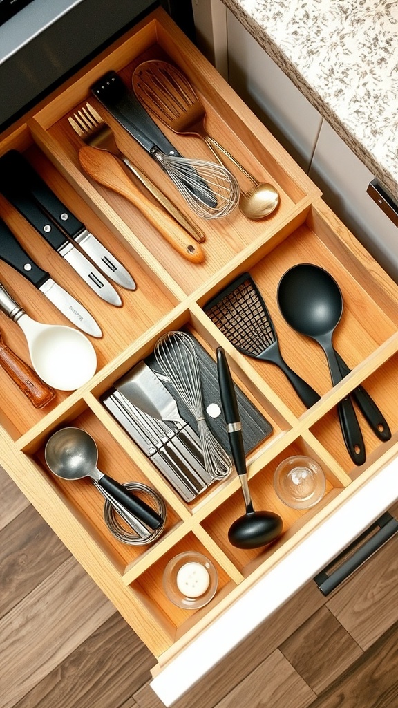A wooden drawer with dividers, containing various kitchen utensils neatly organized.