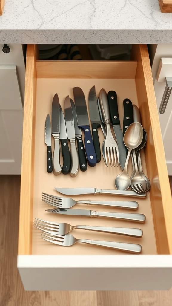 Neatly organized kitchen drawer with knives, forks, and spoons using dividers