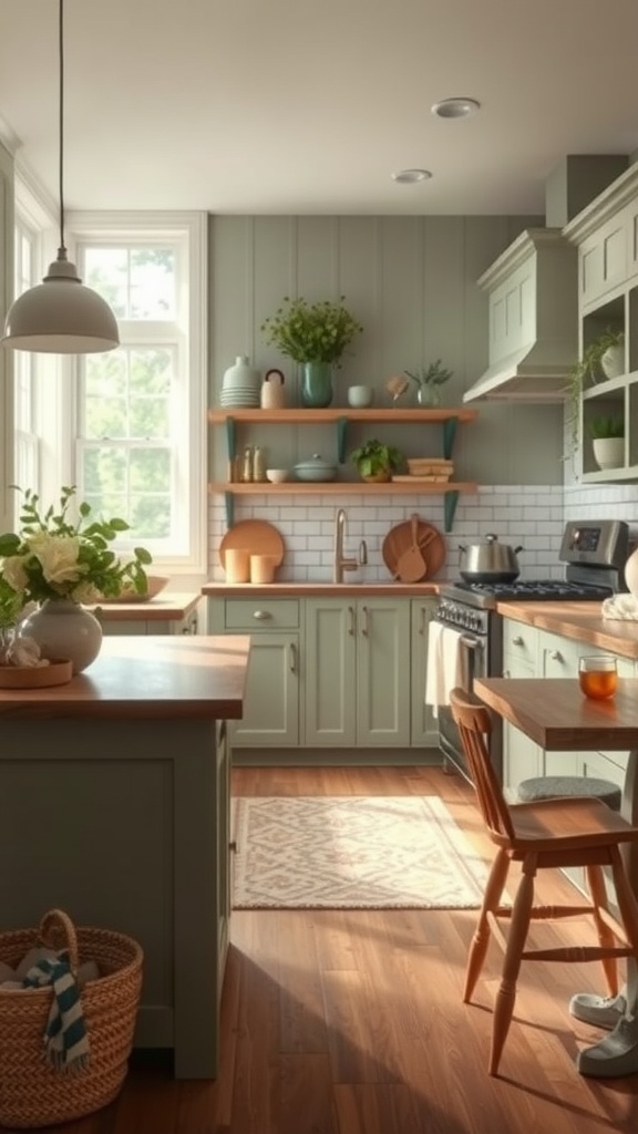 A cozy farmhouse kitchen featuring earthy tones with green cabinetry, wooden countertops, and plants adorning the shelves.